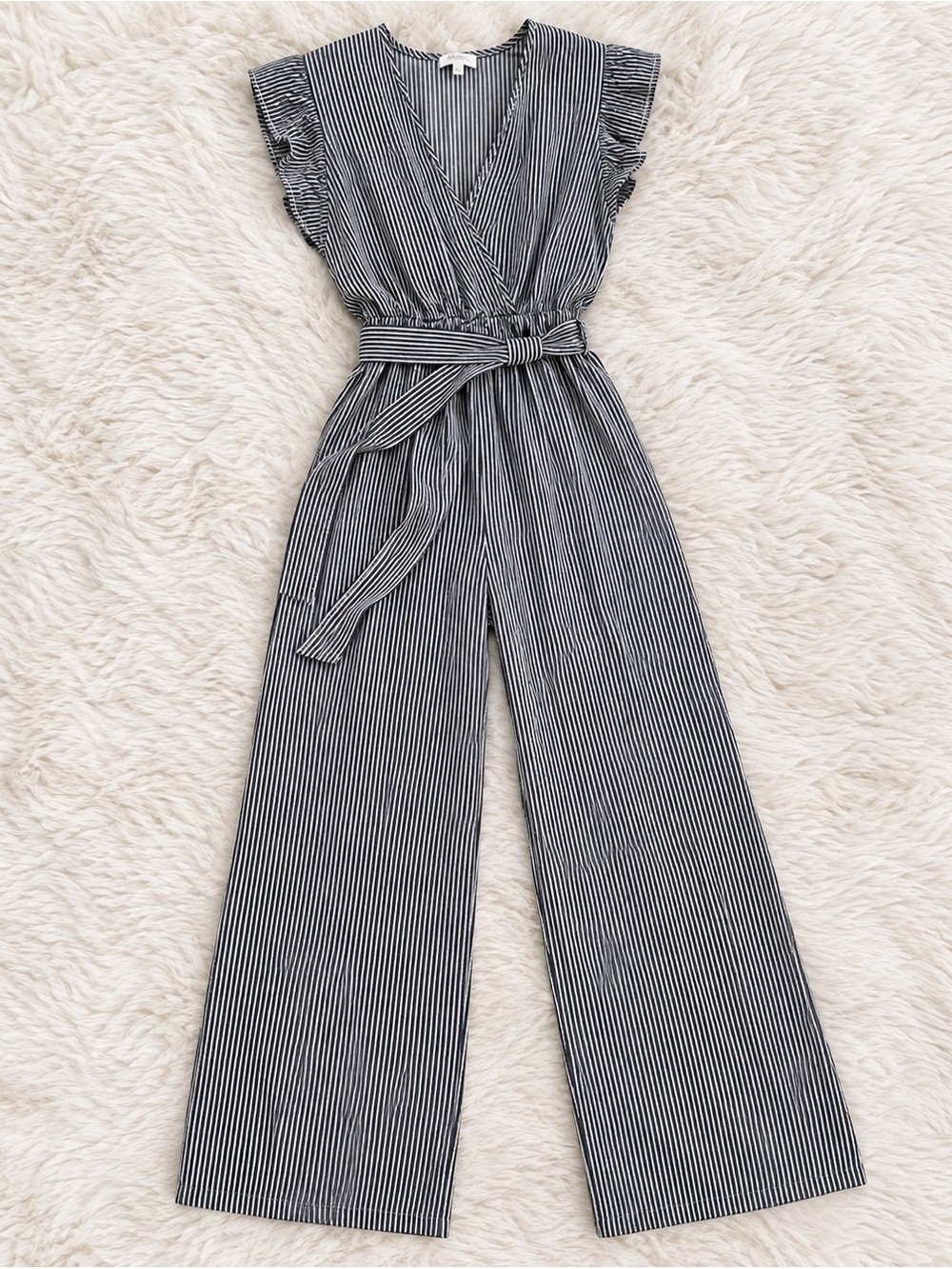 Monteau Black & White Pinstripe V-Neck Wide-Leg Jumpsuit